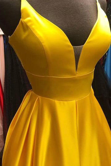 Yellow satin long A line prom dress yellow evening dress HZ1023